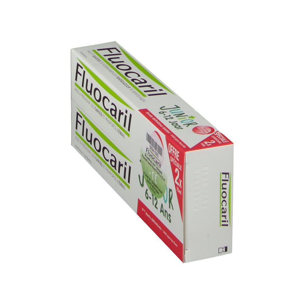 Zahnpasta-Packung. Fluocaril Junior 6-12 Jahre, rote Früchte. Weiß-grüne Verpackung mit Produktnamen und Altersangabe.