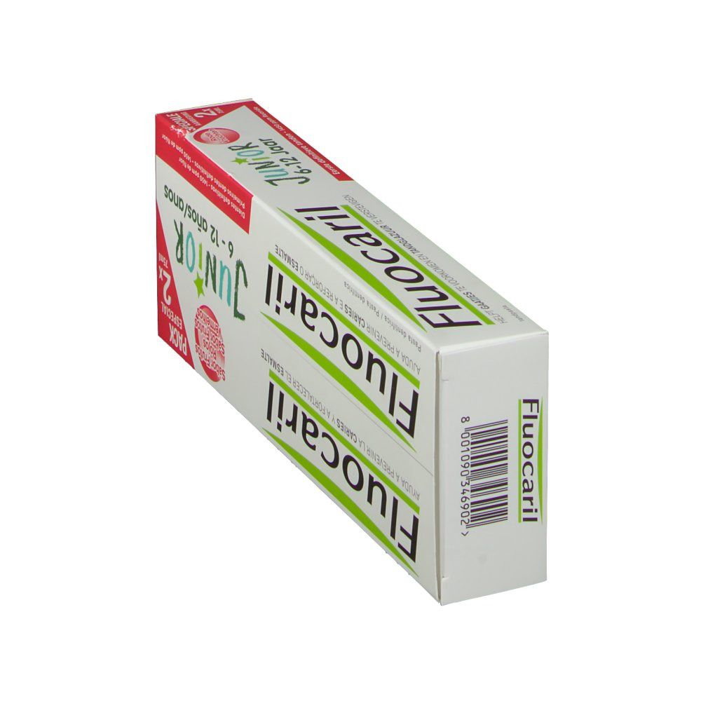 Zahnpasta-Packung. Fluocaril Junior 6-12 Jahre, rote Früchte. Weiß-grüne Verpackung mit Produktnamen und Altersangabe.