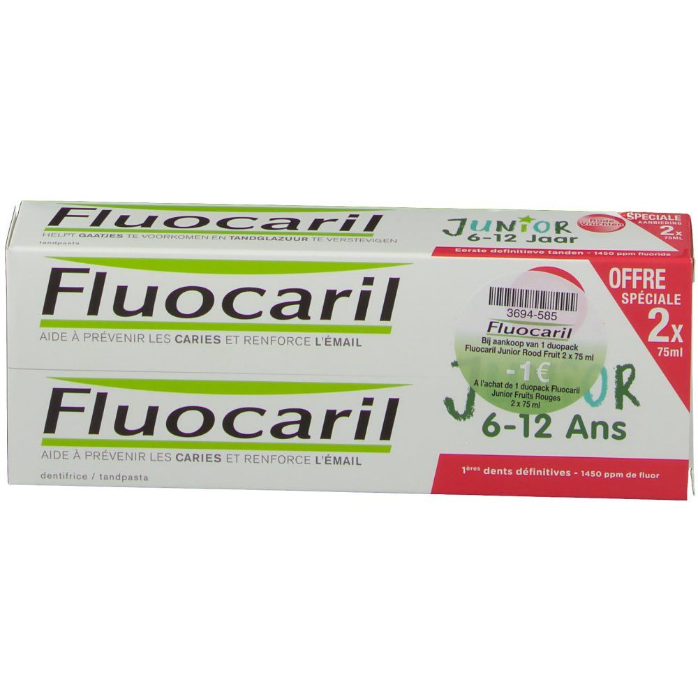 Zahnpasta-Packung. Fluocaril Junior 6-12 Jahre, rote Früchte. Weiß-grüne Verpackung mit Produktnamen und Altersangabe.