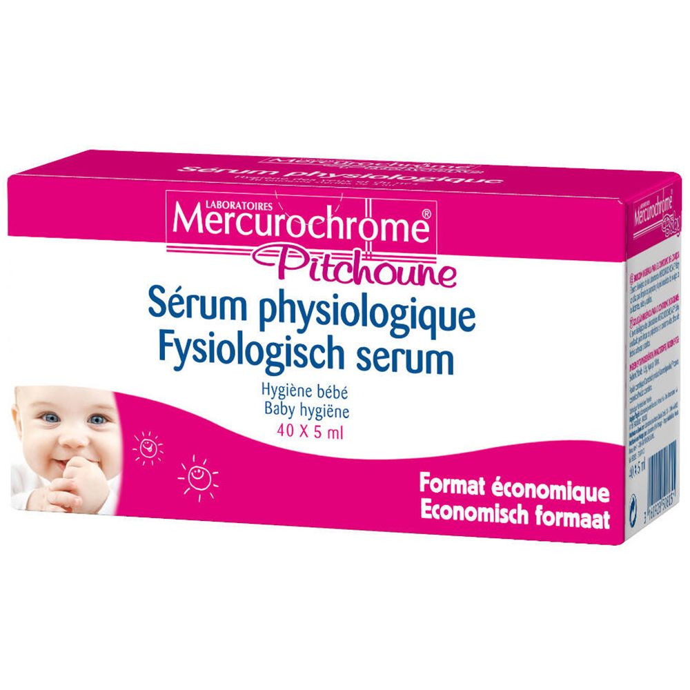 Rosa Schachtel mit Produktnamen und Babybild. Text: Sérum physiologique, 40 x 5 ml.