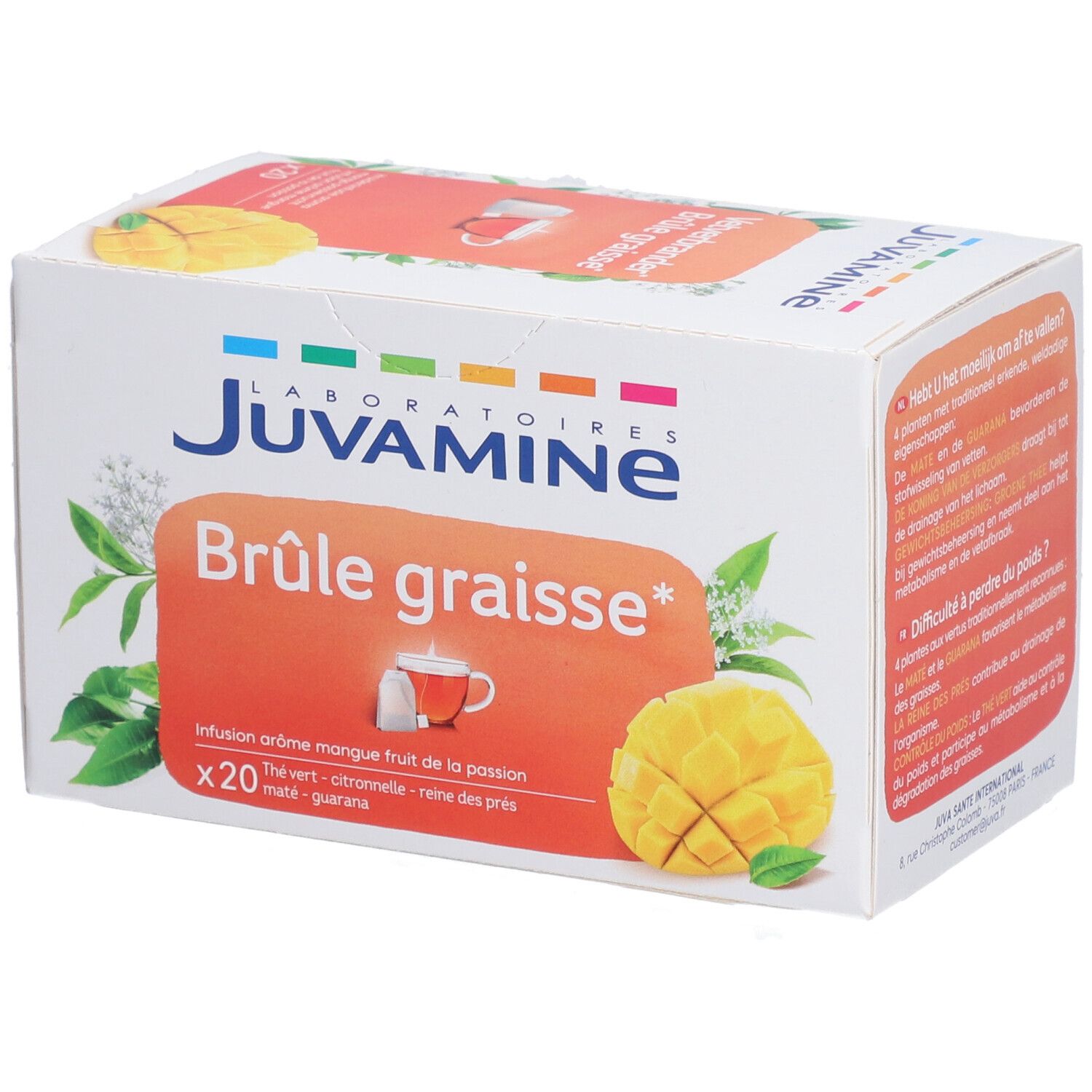 Boîte blanche avec nom du produit et illustration de mangue. Texte: Brûle graisse, Infusion aromé mangue fruit de la passion. X20.
