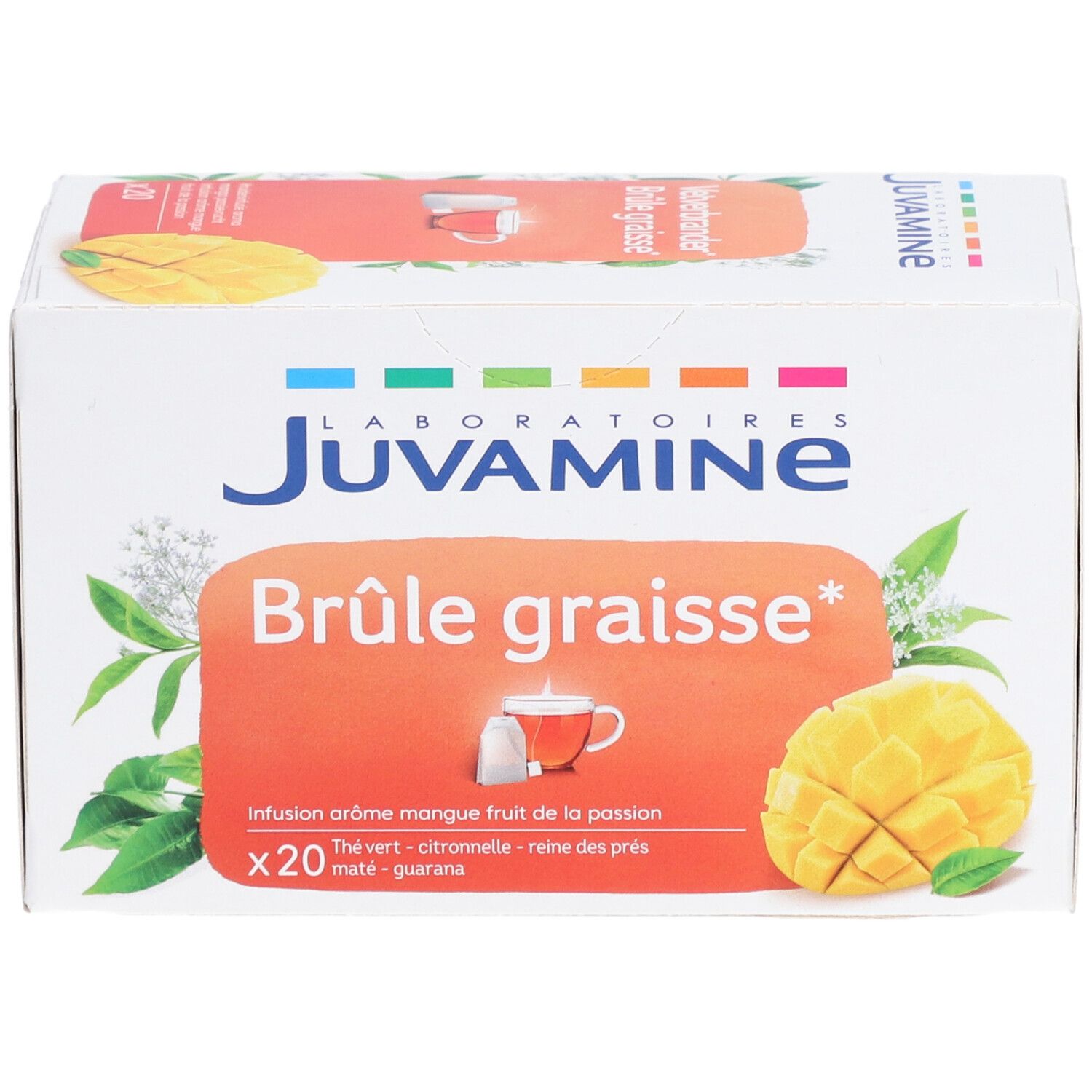 Boîte blanche avec nom du produit et illustration de mangue. Texte: Brûle graisse, Infusion aromé mangue fruit de la passion. X20.