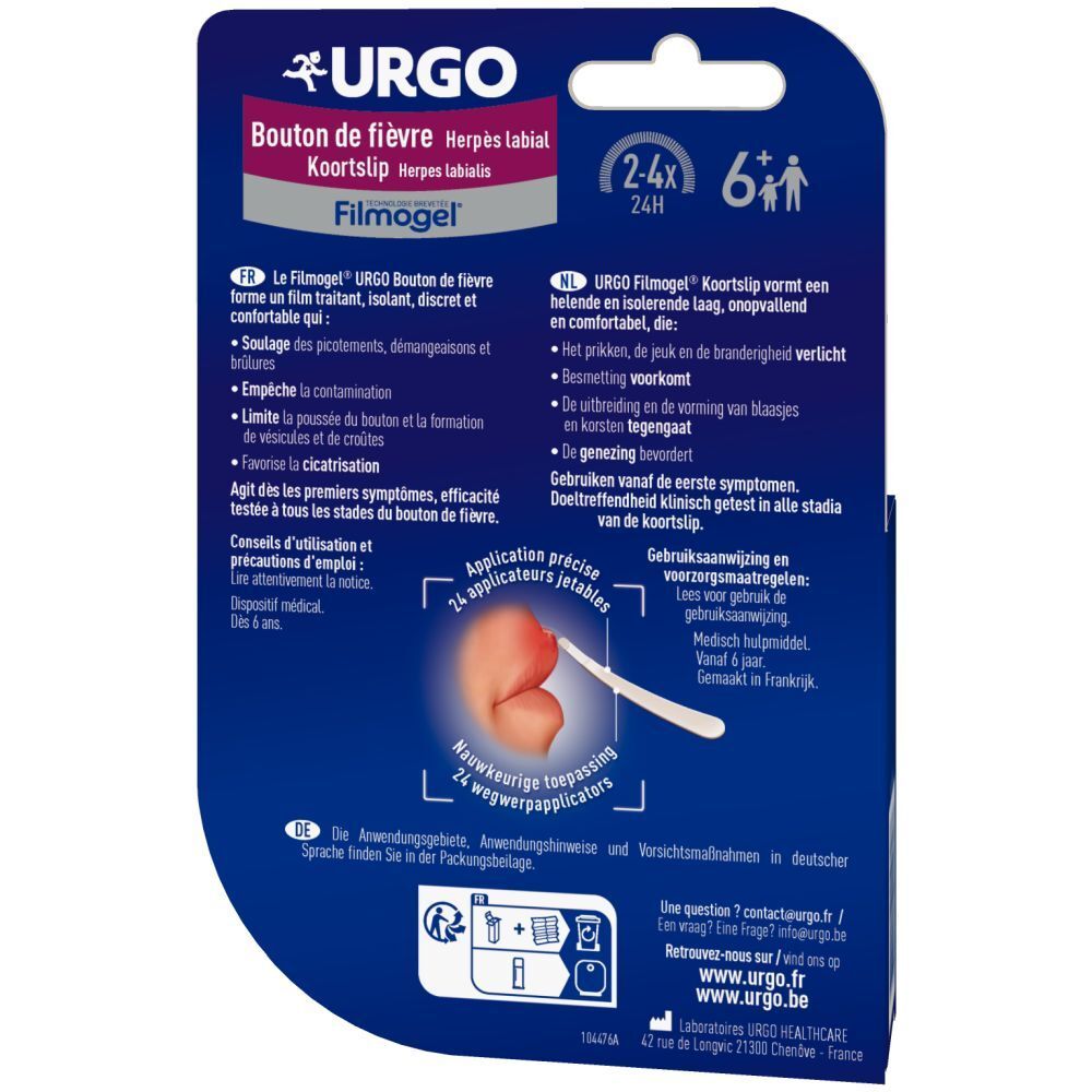 Rückseite der Produktverpackung. Text in Französisch und Niederländisch. Enthält Informationen zur Anwendung und Vorsichtsmaßnahmen.