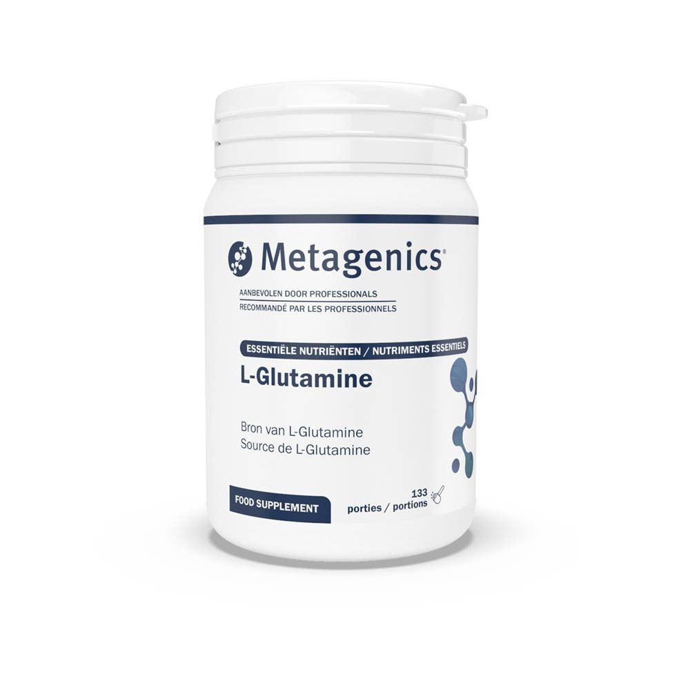 Weißes Supplement-Behälter mit Deckel. Aufschrift: L-Glutamine, Metagenics. 133 Portionen, 400g.