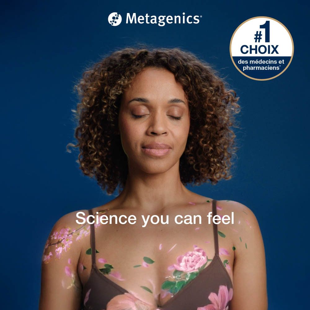 Femme aux yeux fermés, fleurs sur la poitrine. Texte : Science you can feel. Logo Metagenics.