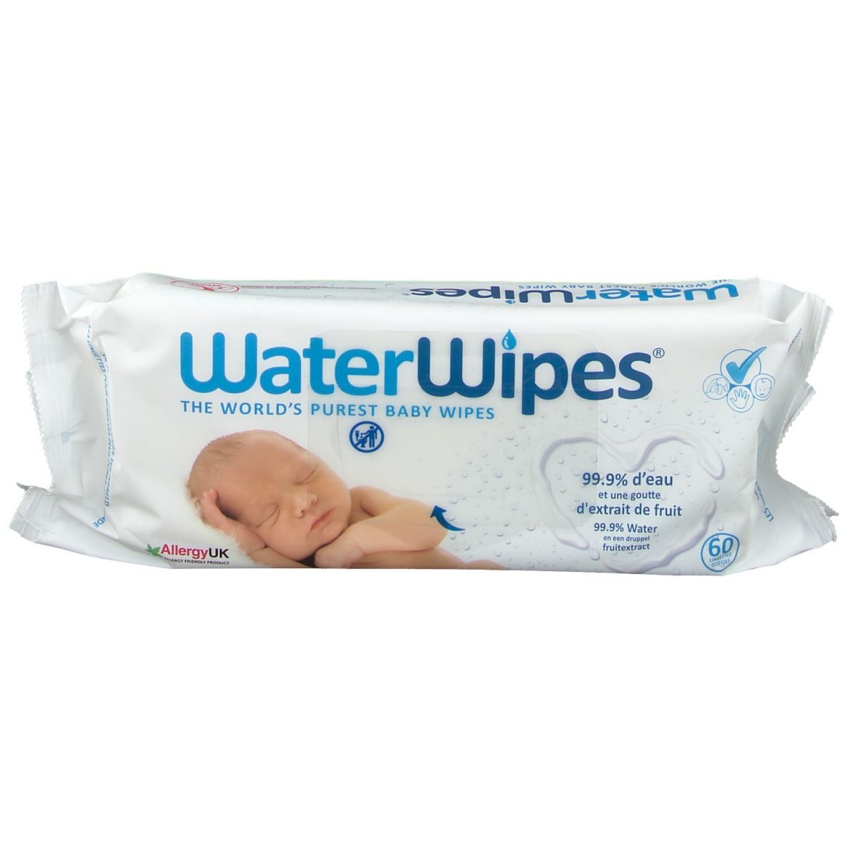 Weiße Verpackung mit Baby und Schriftzug WaterWipes. Enthält 60 Tücher. AllergieUK-Zertifizierung.