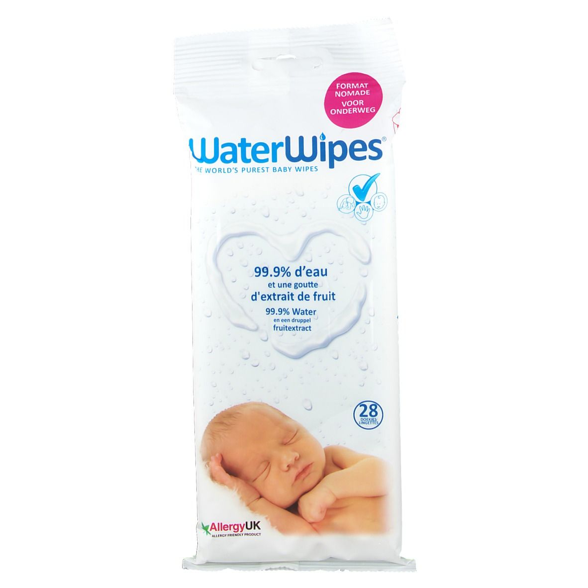Feuchttücher-Packung mit Baby-Abbildung. Aufschrift: WaterWipes, 99,9 % Wasser, Frucht-Extrakt. 28 Tücher. Allergy UK.