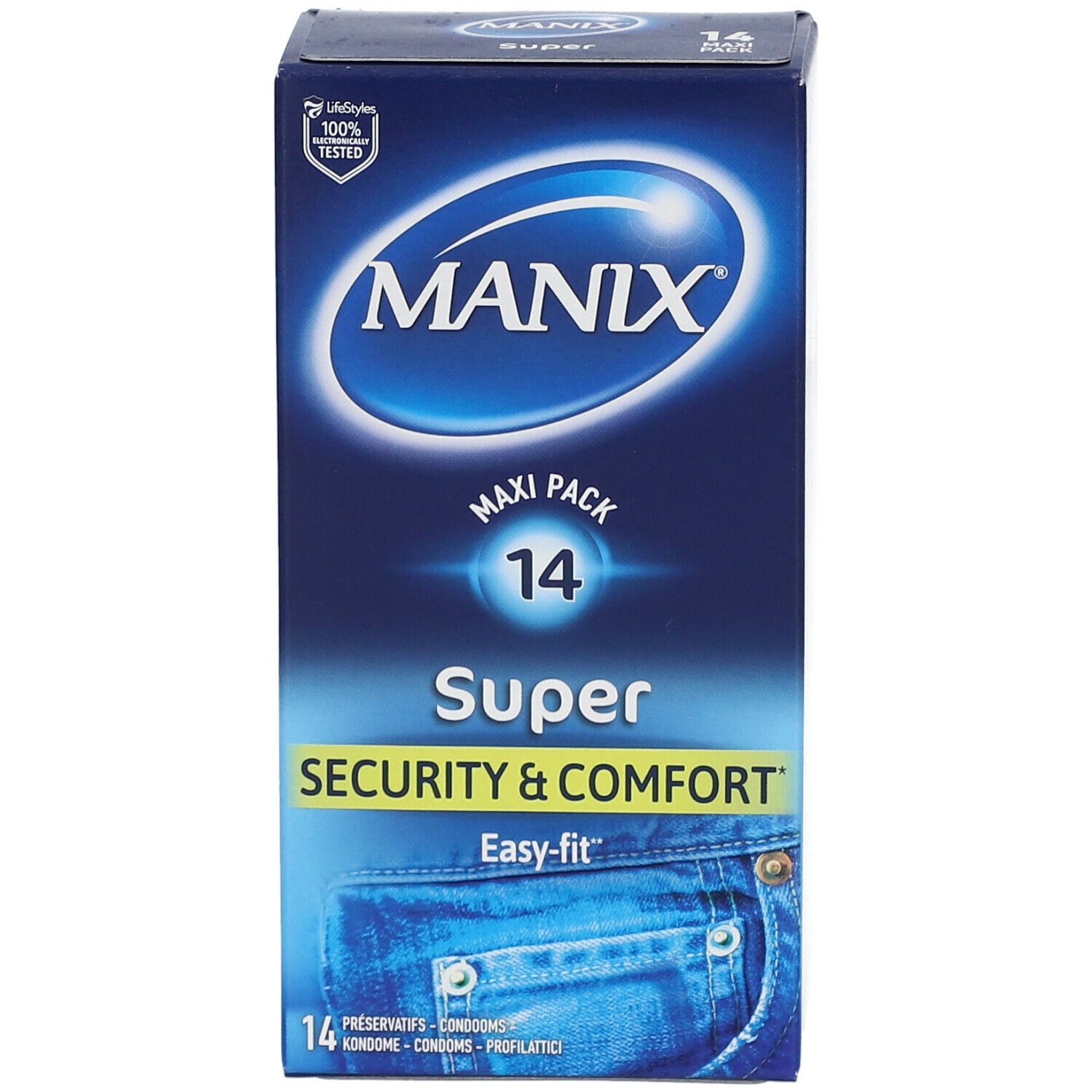 MANIX® Super Packung. 14 Kondome. "Security & Comfort". Easy-fit. Blaue Verpackung mit Jeans-Design.