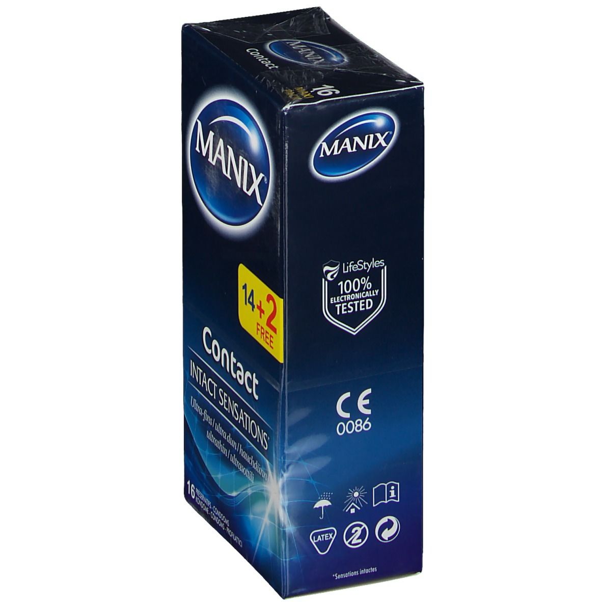Verpackung von MANIX® Contact Kondomen. Blaue Schachtel mit Markenlogo und Produktbezeichnung. 14+2 gratis. CE-Kennzeichnung.