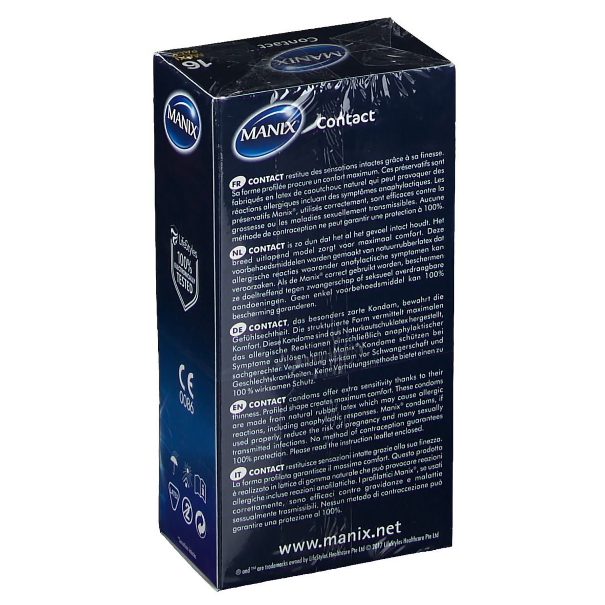 Rückseite der Verpackung von MANIX® Contact Kondomen. Text in mehreren Sprachen. CE-Kennzeichnung und weitere Symbole.