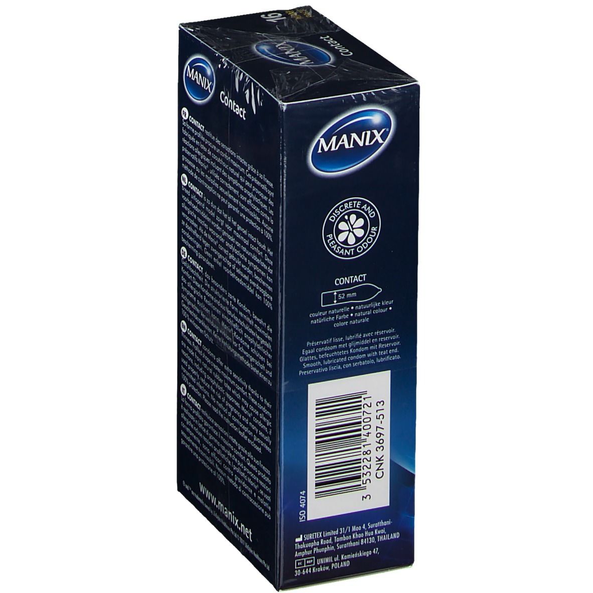 Seite der Verpackung von MANIX® Contact Kondomen. Text, Barcode und Markenlogo. Produktname und Duft-Hinweis.