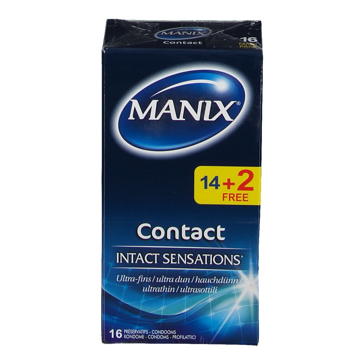 Vorderseite der Verpackung von MANIX® Contact Kondomen. Markenlogo, Produktname und 14+2 gratis. 16 Kondome.