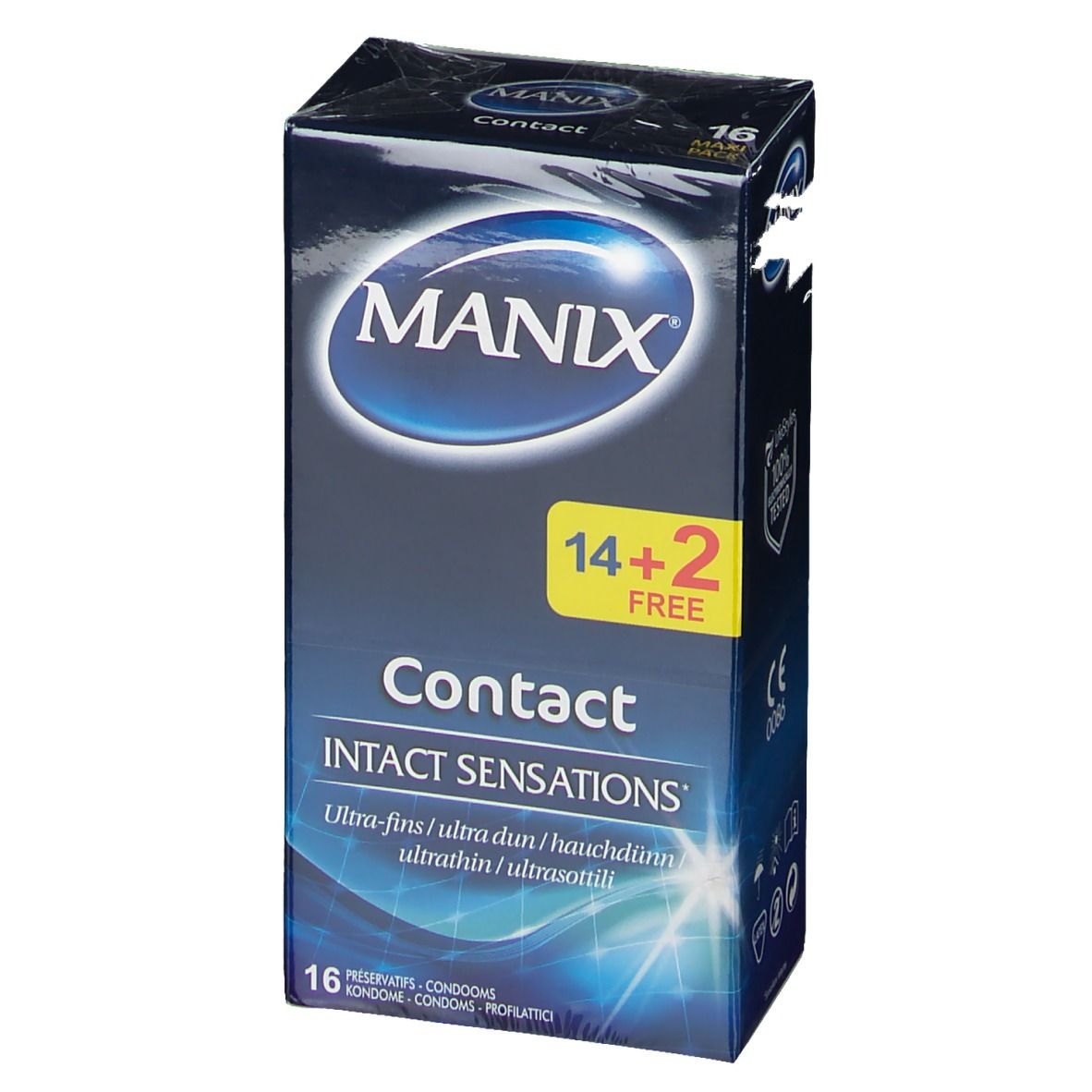 Vorderseite der Verpackung von MANIX® Contact Kondomen. Markenlogo, Produktname und 14+2 gratis. 16 Kondome.
