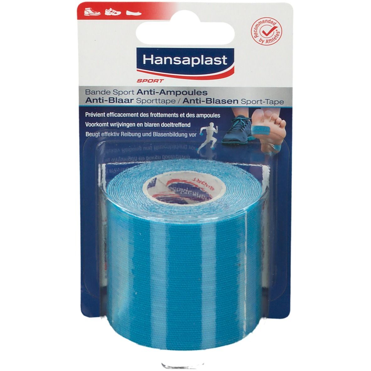 Blaues Sport-Tape in Verpackung. Hansaplast Sport Anti-Blasen Sport-Tape. Rolle mit blauem Tape, teilweise sichtbar.