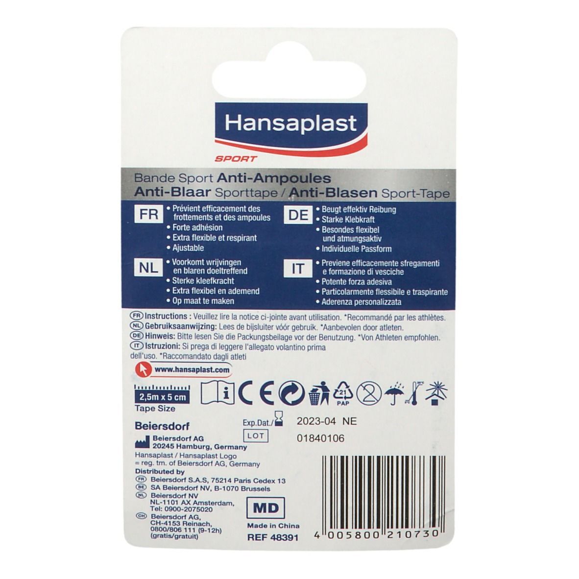 Rückseite der Verpackung. Hansaplast Sport Anti-Blasen Sport-Tape. Textinformationen, Logos, Haltbarkeitsdatum und Zertifizierungen.