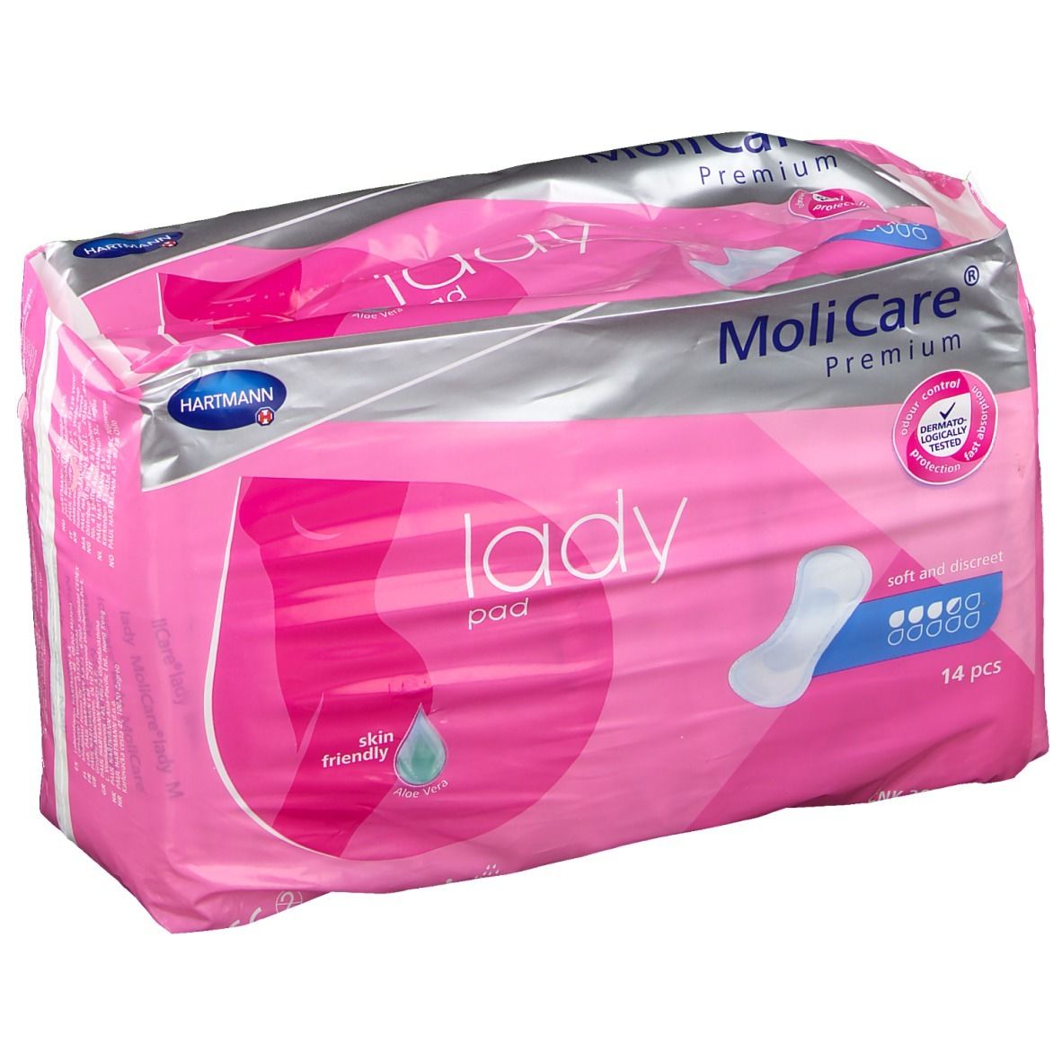 Rosa Verpackung mit MoliCare® Premium Lady Pad. Enthält 14 Stück. Hautfreundlich, weich und diskret.
