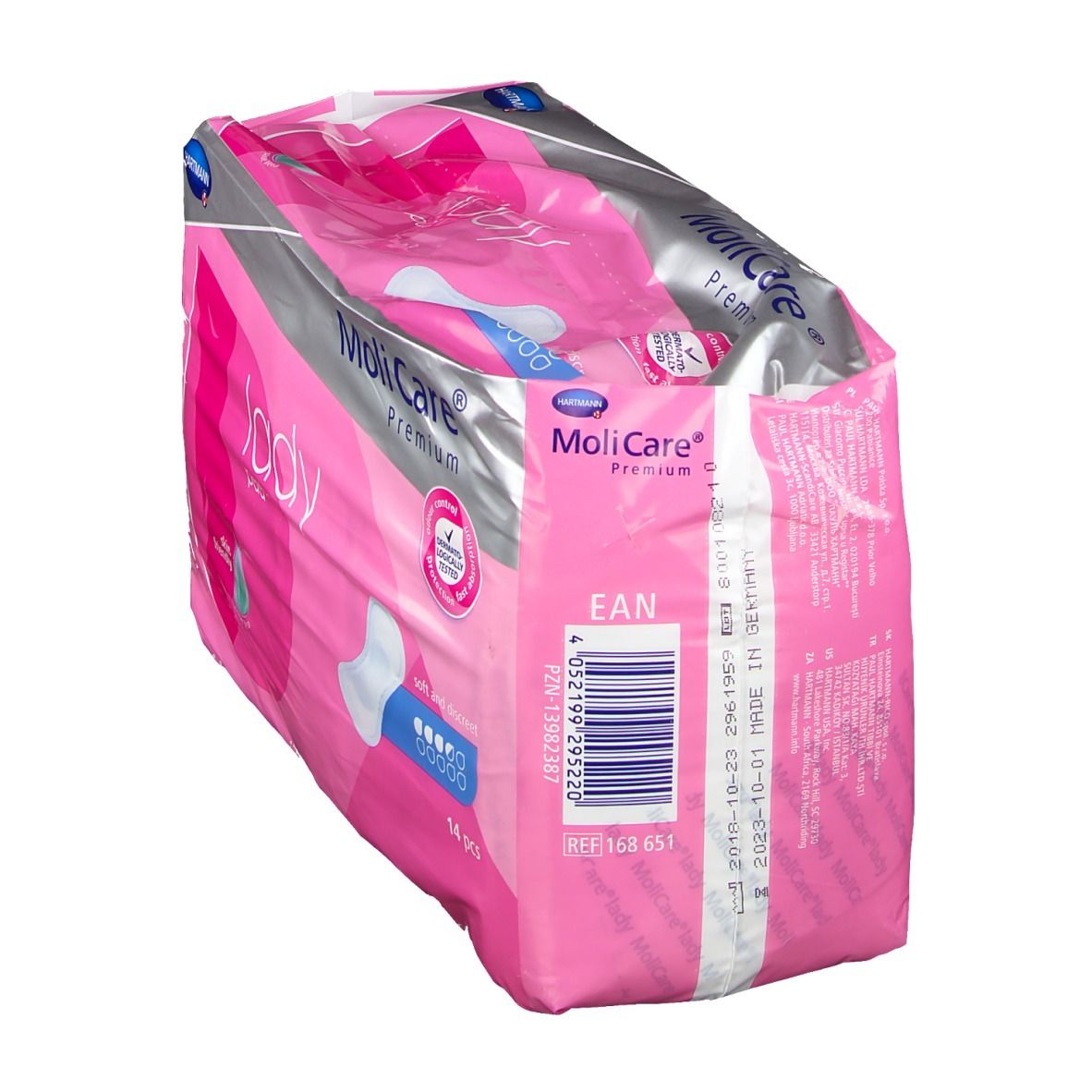 Rosa Verpackung MoliCare® Premium Lady Pad. Enthält 14 Stück. Barcode und Produktinformationen sichtbar.