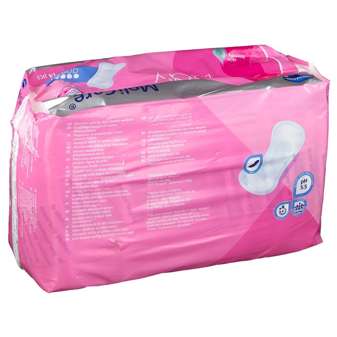 Rückseite der rosa MoliCare® Premium Lady Pad Verpackung. pH 5,5. Enthält 14 Stück. Produktinformationen.
