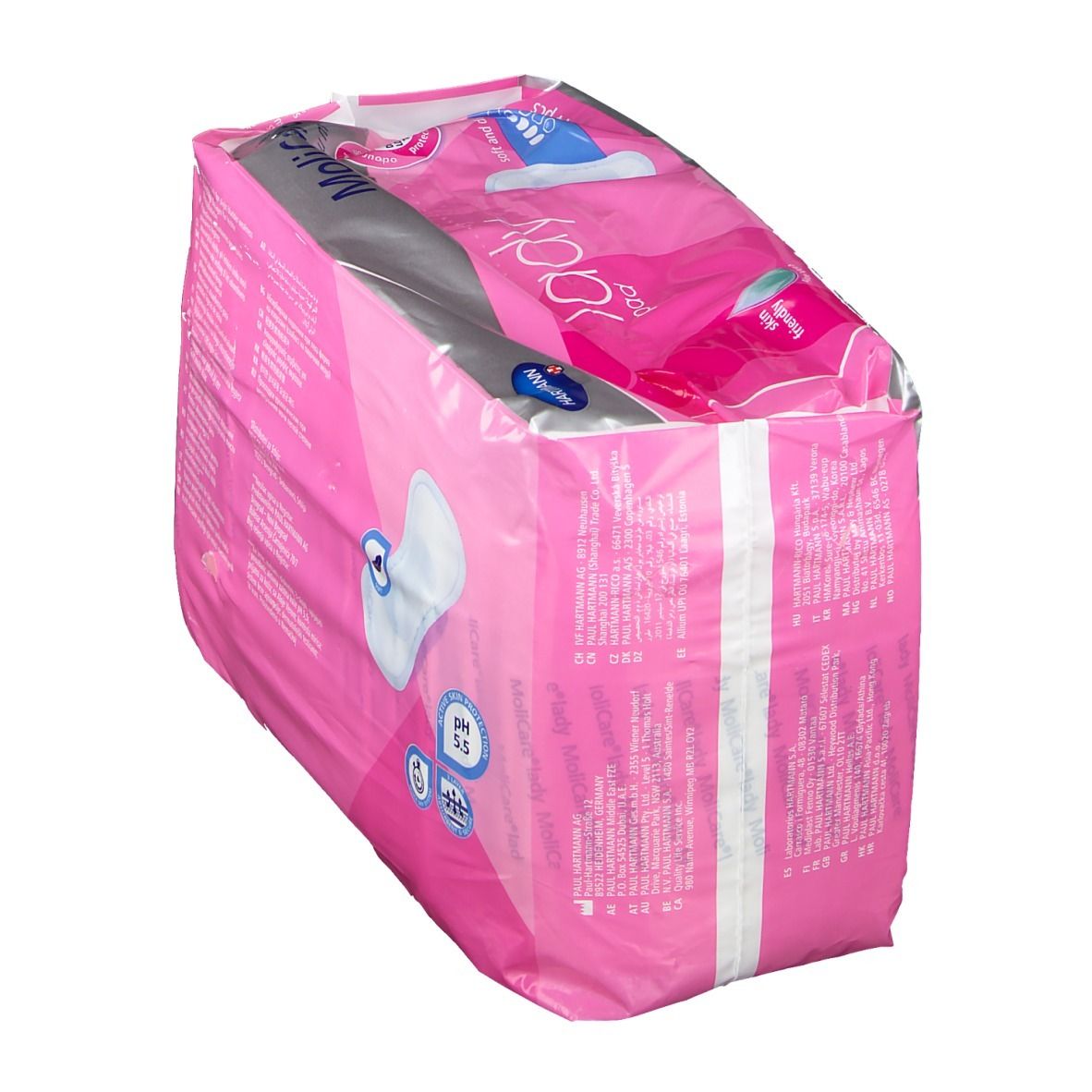Schrägansicht der rosa MoliCare® Premium Lady Pad Verpackung. pH 5,5. Enthält 14 Stück. Produktinformationen.