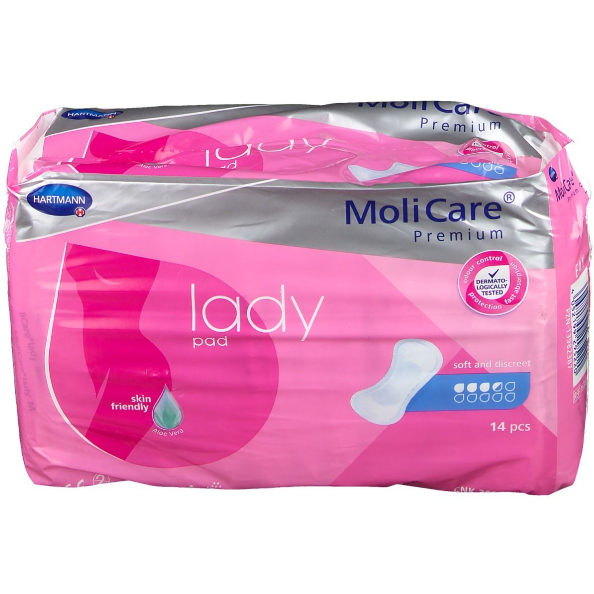 Rosa Verpackung MoliCare® Premium Lady Pad. Enthält 14 Stück. Hautfreundlich, weich und diskret.