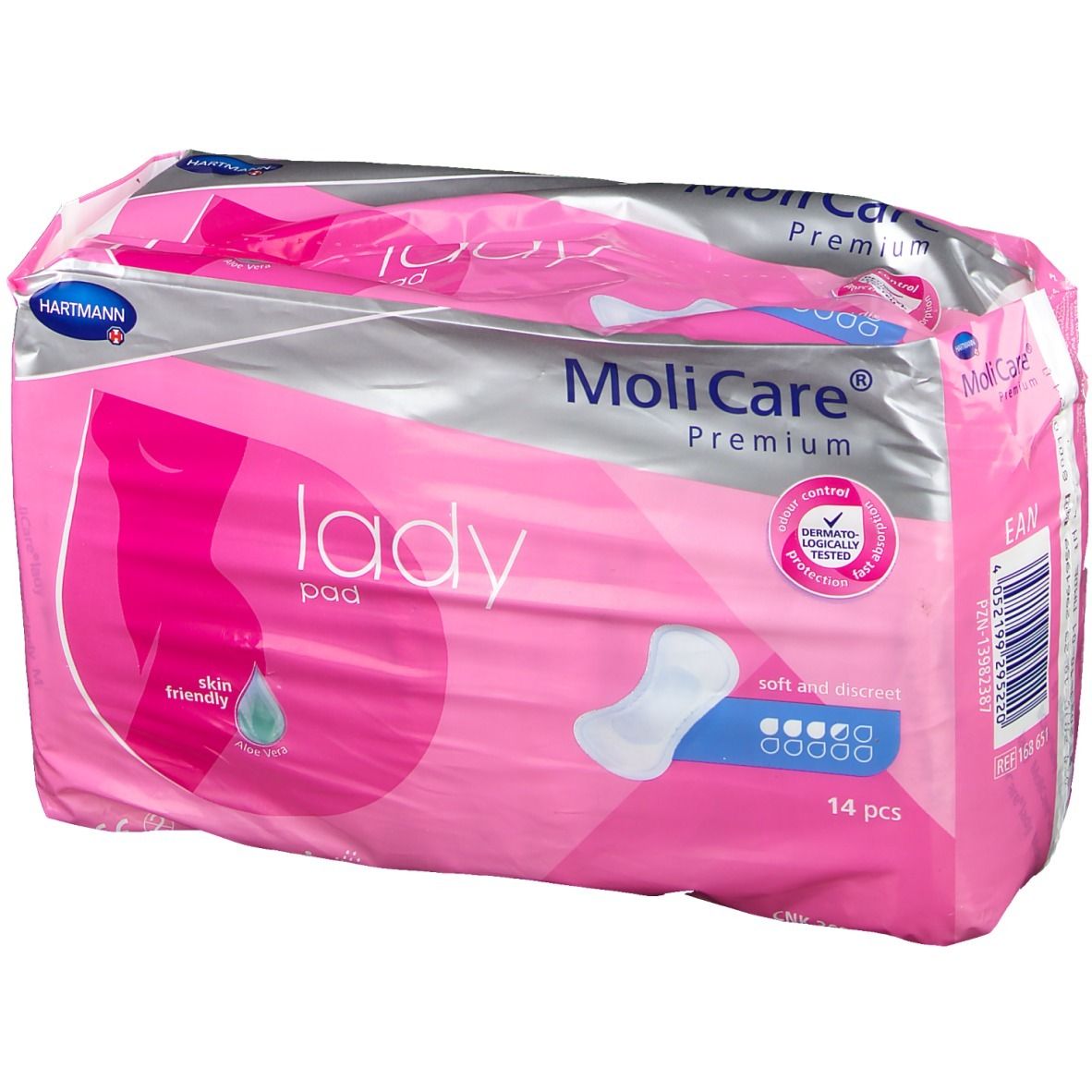 Rosa Verpackung MoliCare® Premium Lady Pad. Enthält 14 Stück. Hautfreundlich, weich und diskret. Barcode.