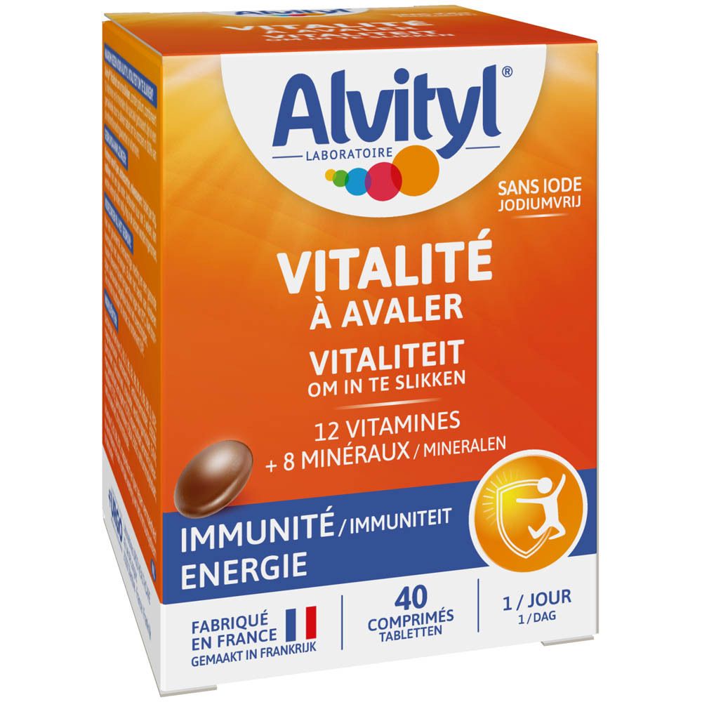 Boîte Alvityl Vitalité. 12 vitamines et 8 minéraux. Immunité et énergie. Fabriqué en France.