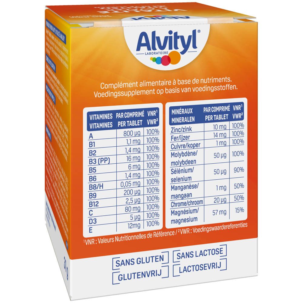 Dos de la boîte Alvityl Vitalité. Informations nutritionnelles par comprimé.