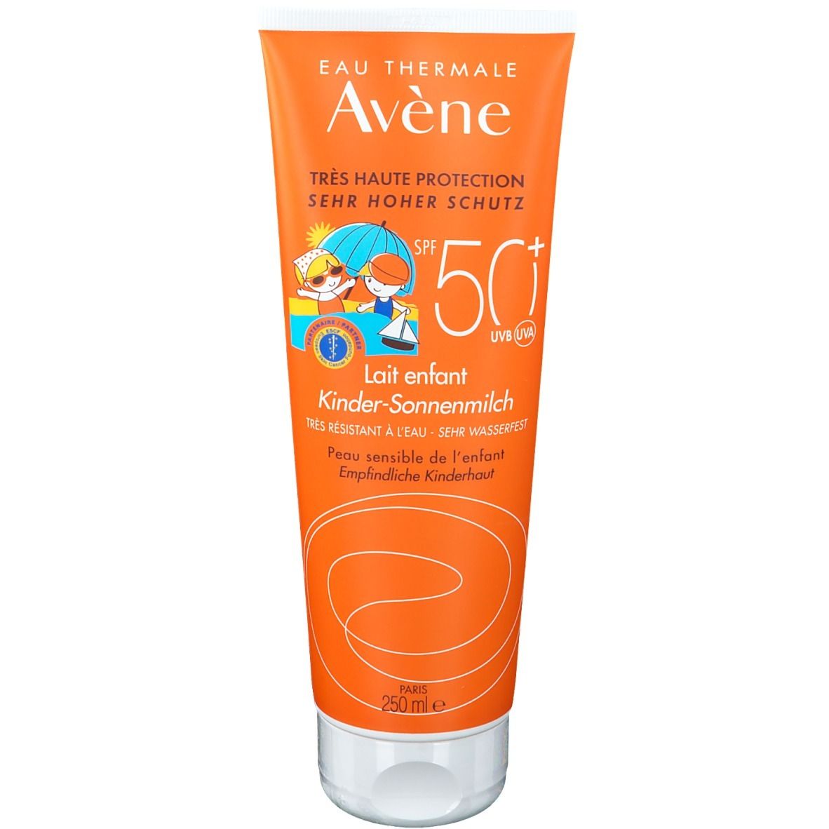 Orange Tube Sonnenmilch. "Eau Thermale Avène"-Logo. "SPF 50+". "Kinder-Sonnenmilch". Illustration: Kinder am Meer. 250ml.