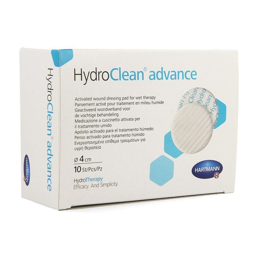 Boîte blanche HydroClean advance. Contient 10 compresses rondes de 4 cm de diamètre. Marque Hartmann. Description en plusieurs langues.
