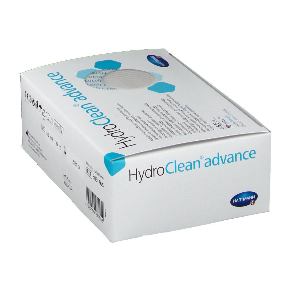 Schrägansicht der HydroClean advance Verpackung. Runde Wundauflage sichtbar. Marke Hartmann. Barcode.