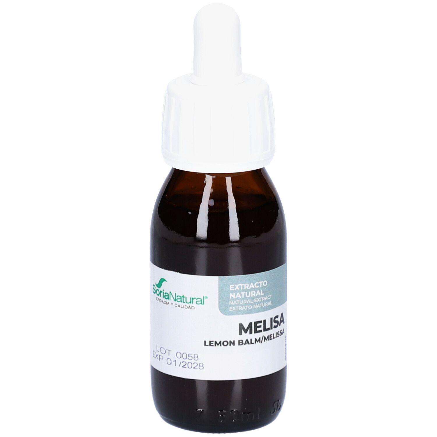Flacon en verre brun avec bouchon blanc et pipette. Étiquette avec informations produit. Marque SoriaNatural.