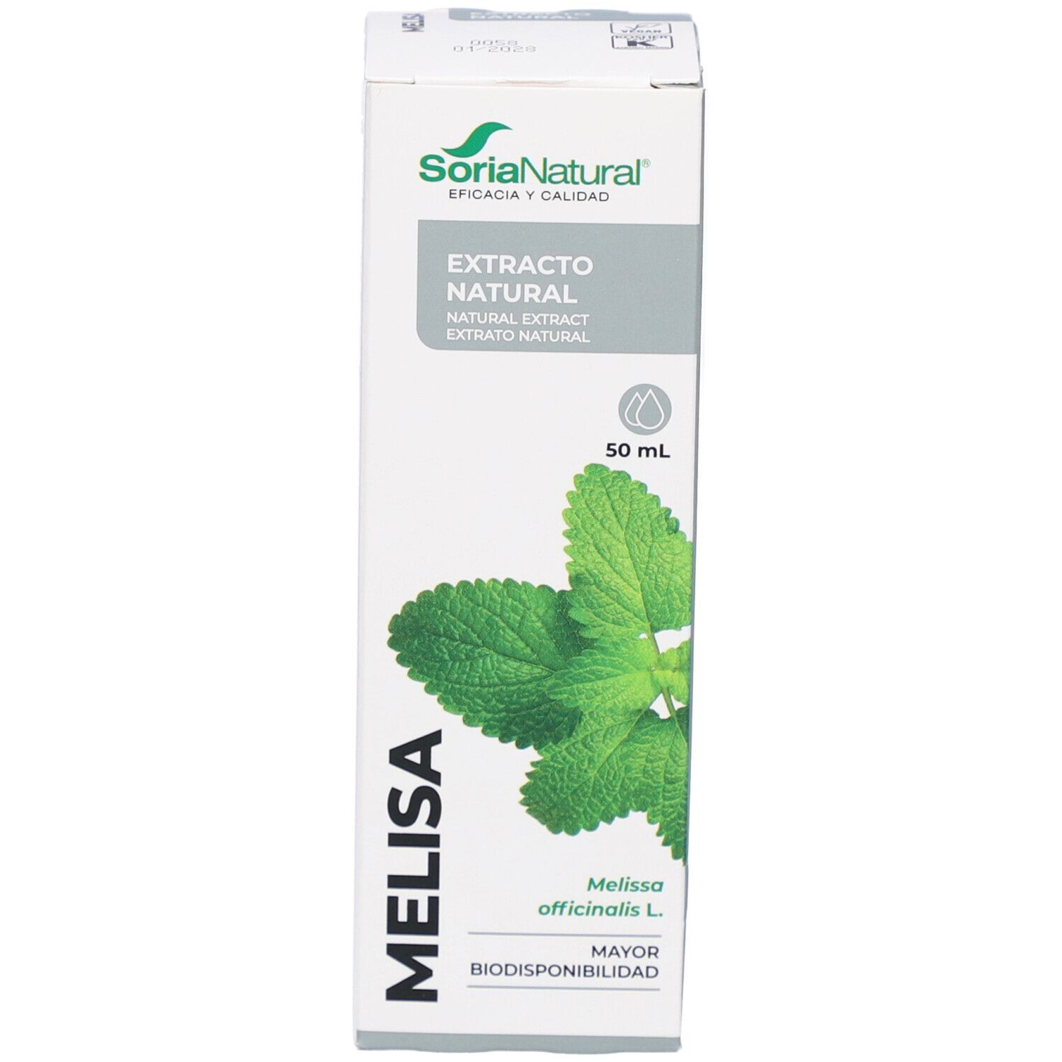 Boîte blanche avec feuilles vertes et informations sur le produit. Marque SoriaNatural, MELISA.