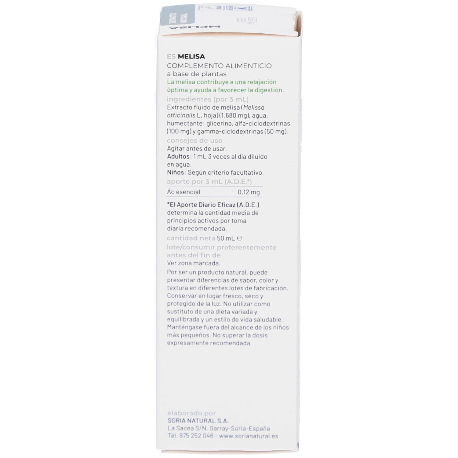 Dos d'une boîte blanche avec texte. Contient des informations sur le produit et des ingrédients.
