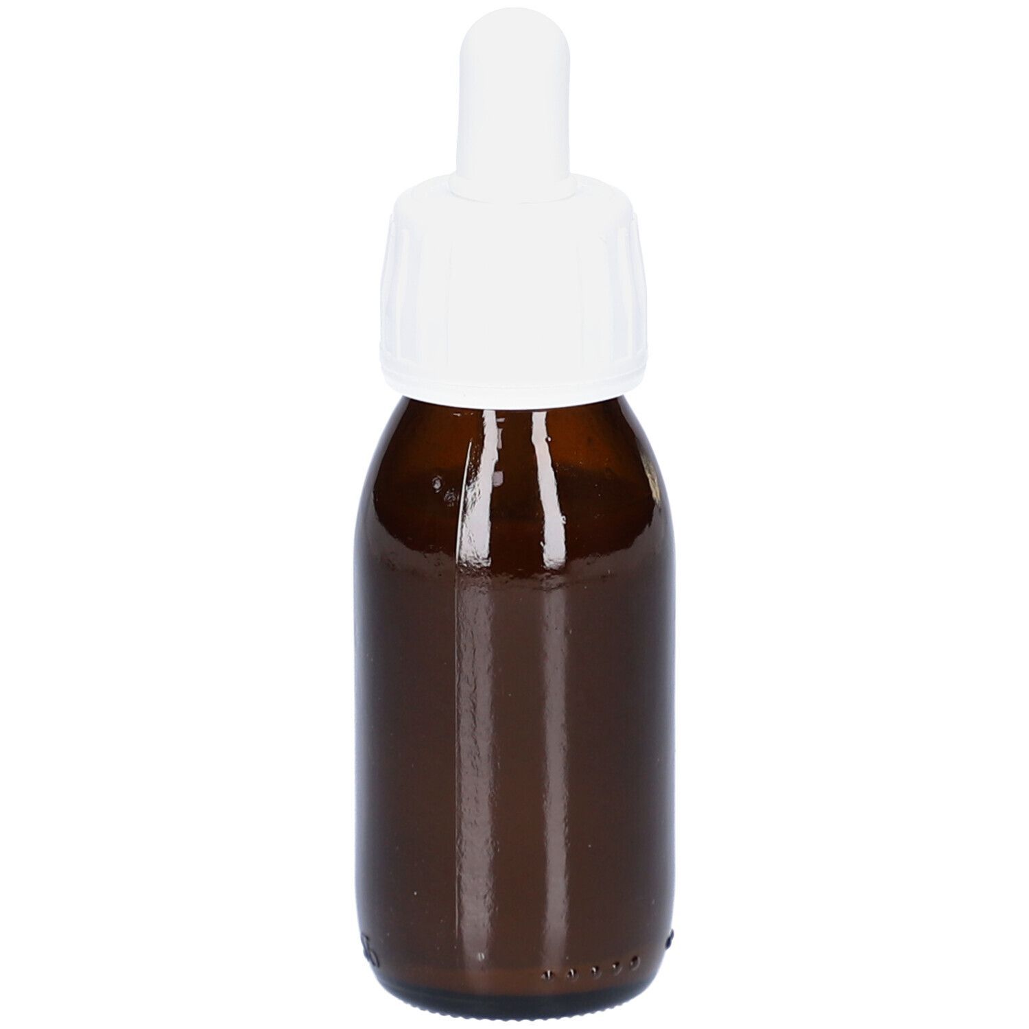 Braune Glasflasche mit weißem Tropfer. Keine Etiketten sichtbar.