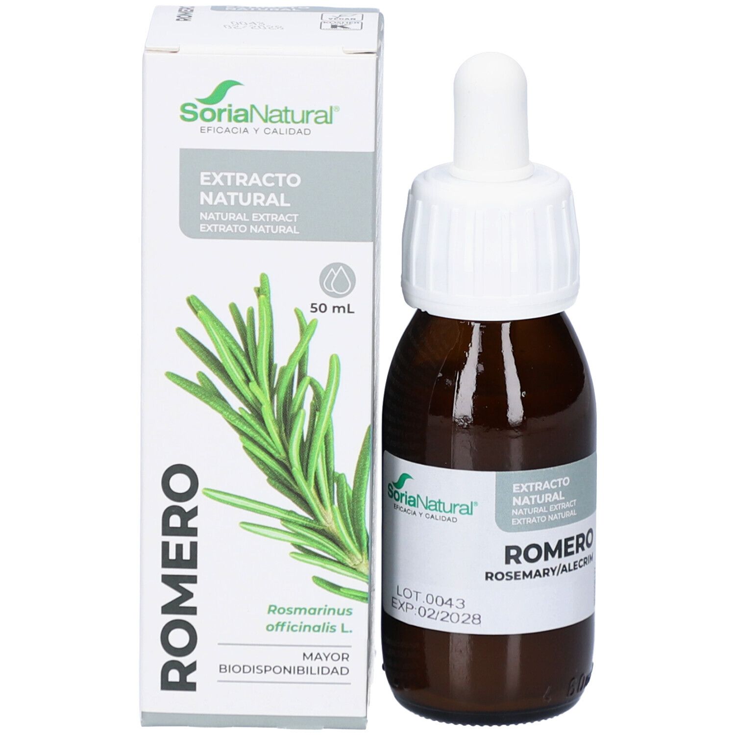 Produktflasche und Verpackung. Flasche mit Tropfer, braunes Glas. Verpackung: weiß, grün, Text: Romero, Soria Natural, Extrato Natural.