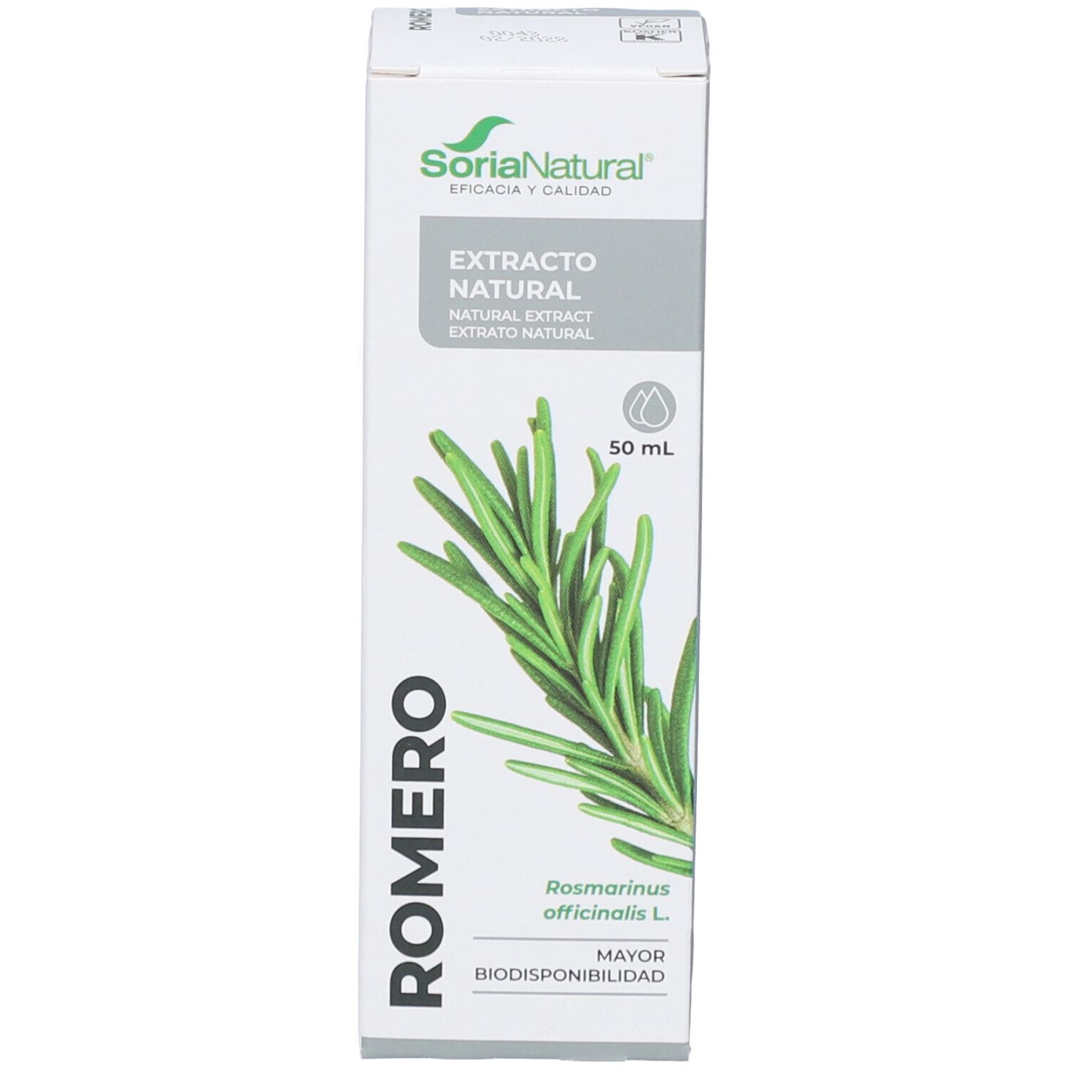 Weiße Verpackung mit grünem Rosmarinzweig. Text: Romero, Soria Natural, Extrato Natural, 50 ml.