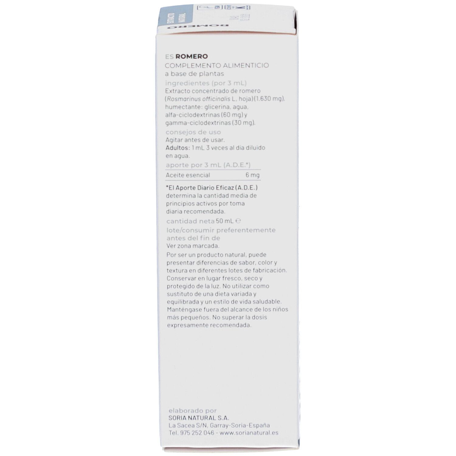 Weiße Verpackung, Rückseite. Text: Inhaltsstoffe, Anwendung, Hinweise, Soria Natural.