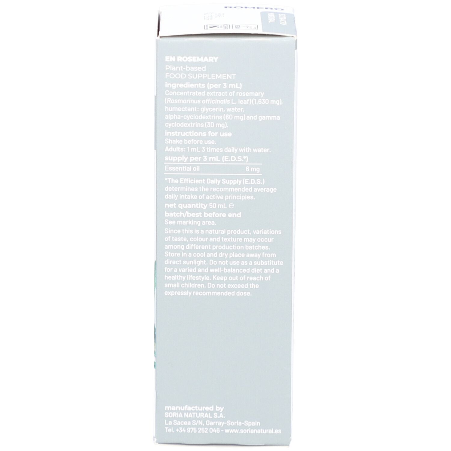 Weiße Verpackung, Rückseite. Text in Englisch: Inhaltsstoffe, Anwendung, Hinweise, Soria Natural.