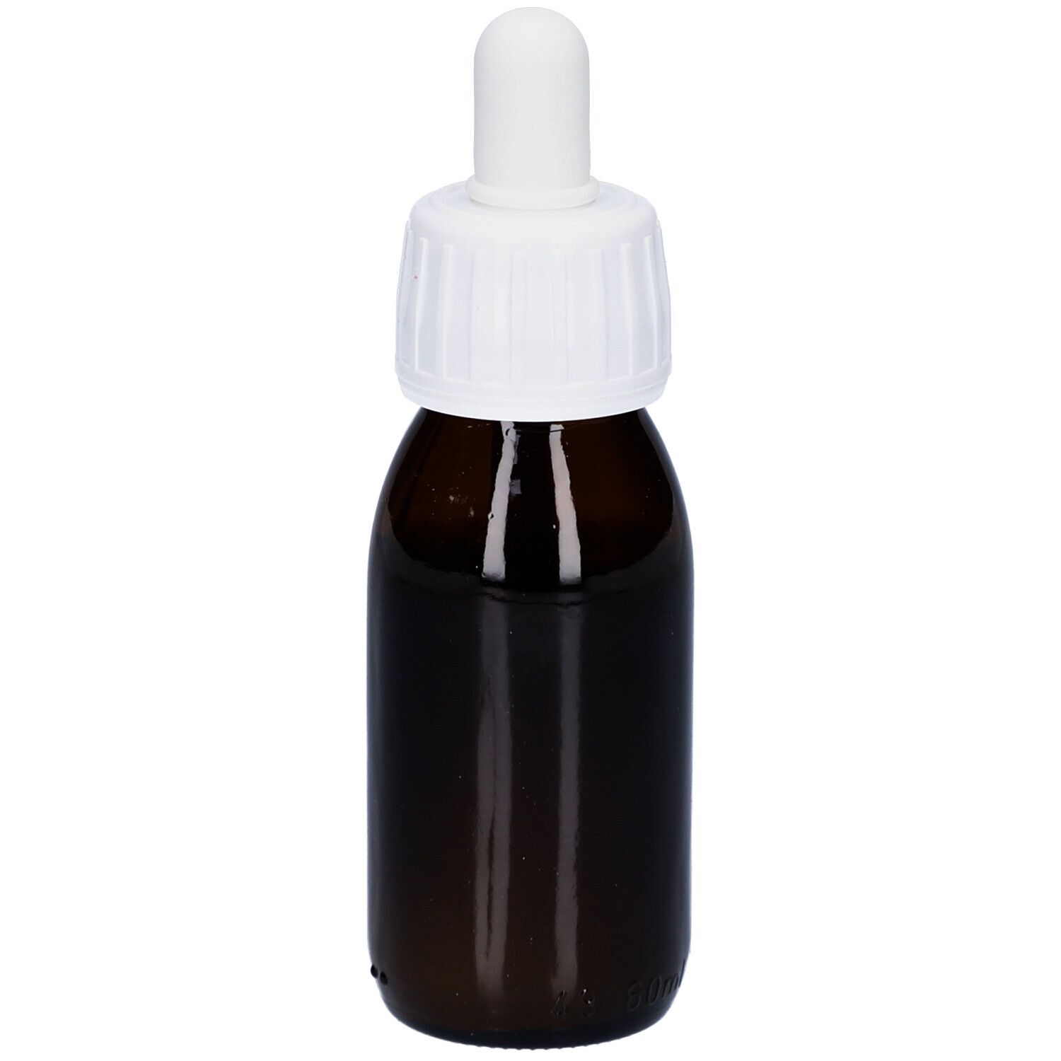 Braune Glasflasche mit weißem Deckel und Pipette.