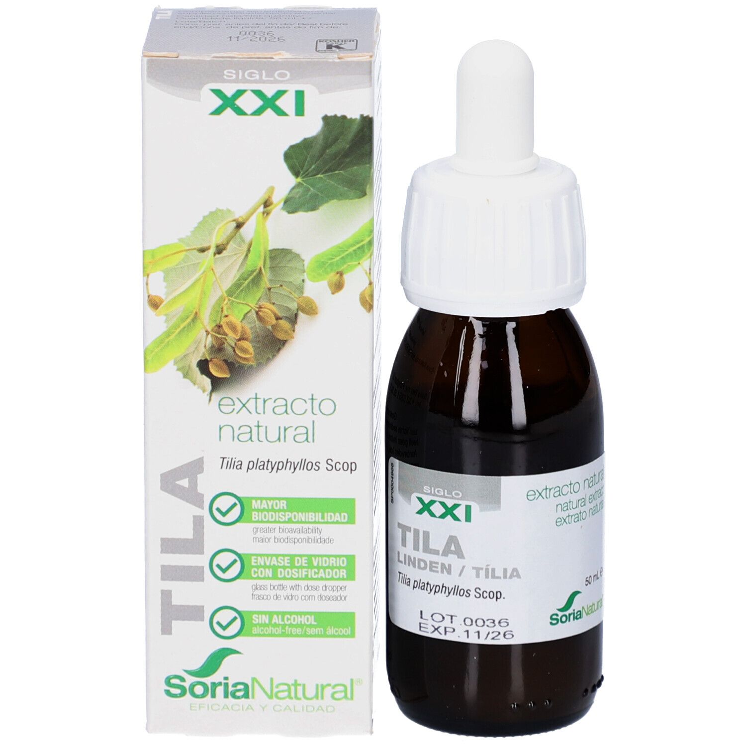 Produktflasche mit Verpackung. Flasche aus braunem Glas mit weißem Deckel und Pipette. Verpackung mit Produktnamen und Logo.