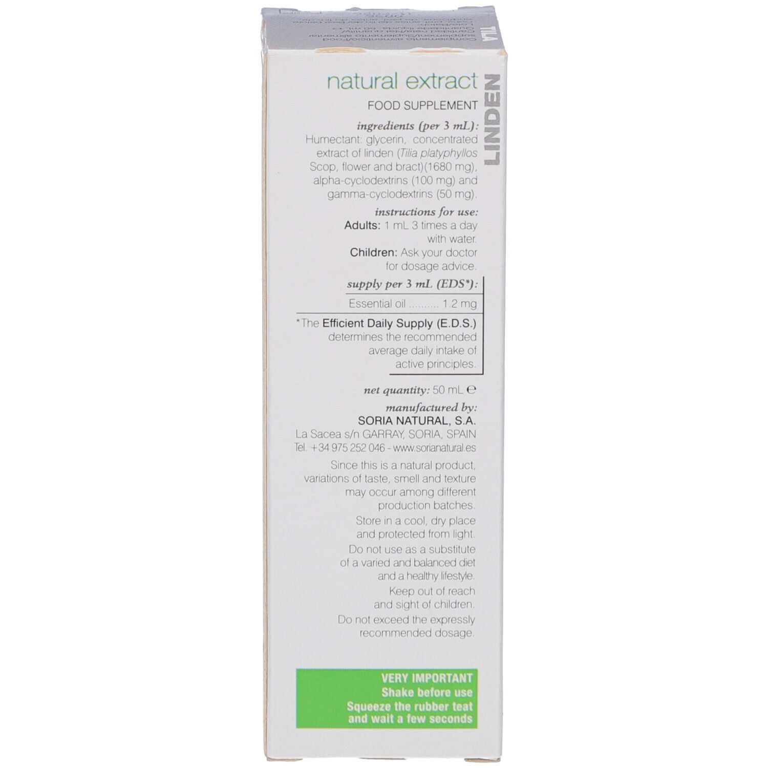 Rückseite der Produktverpackung. Text mit Inhaltsstoffen, Anwendungshinweisen und Herstellerinformationen.