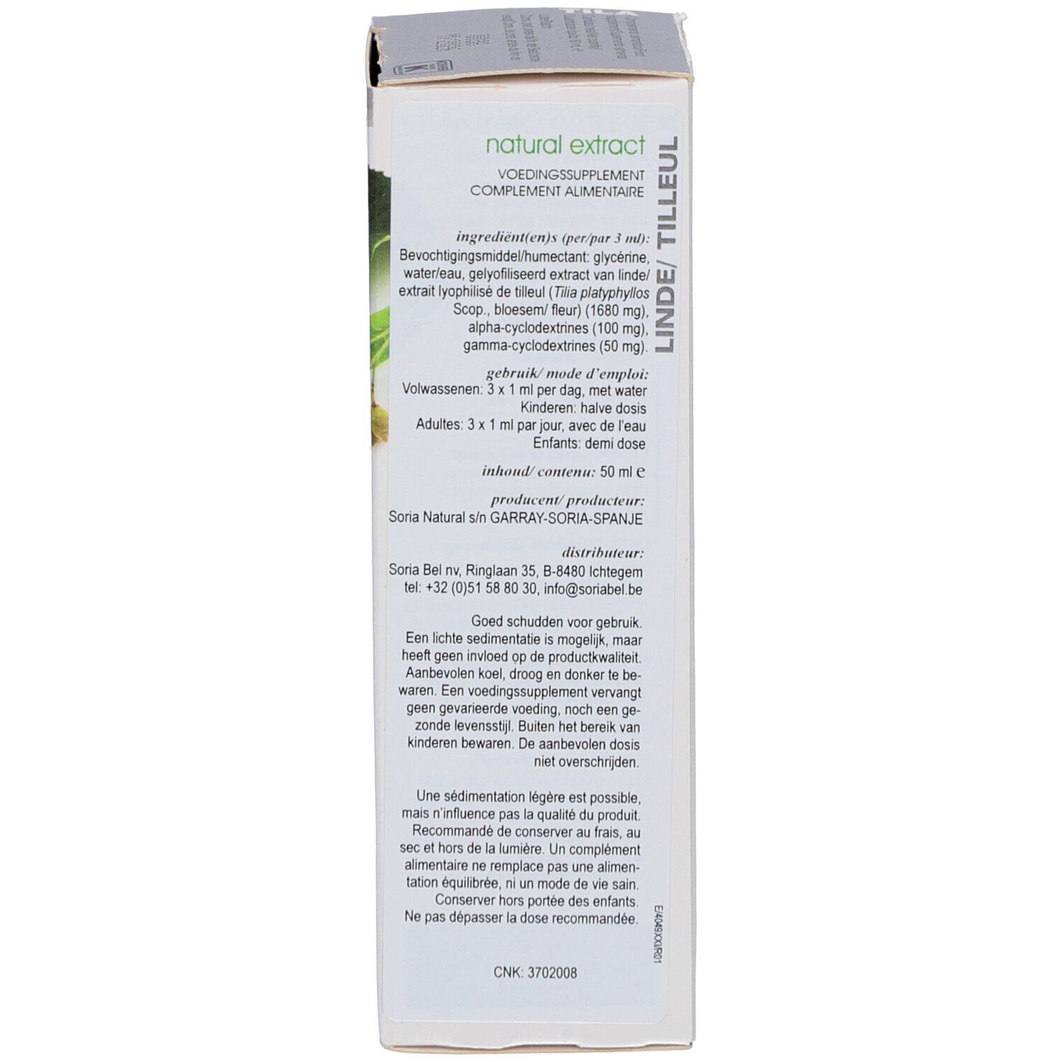 Rückseite der Produktverpackung. Text mit Inhaltsstoffen, Anwendungshinweisen und Herstellerinformationen.