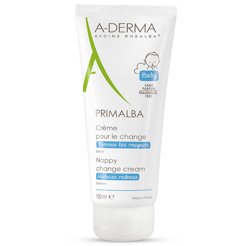 A-Derma Primalba Baby Creme Windelwechsel. Weiße Tube mit grünen Akzenten. Baby-Logo. Text: Creme pour le change, Nappy change cream.