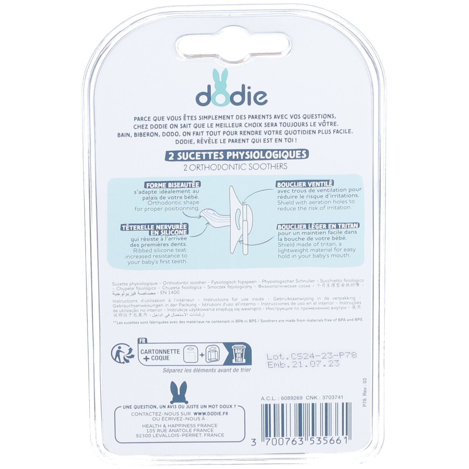 Verpackung mit zwei Schnullern. Marke Dodie. Text: 2 physiologische Schnuller. Orthodontische Form.
