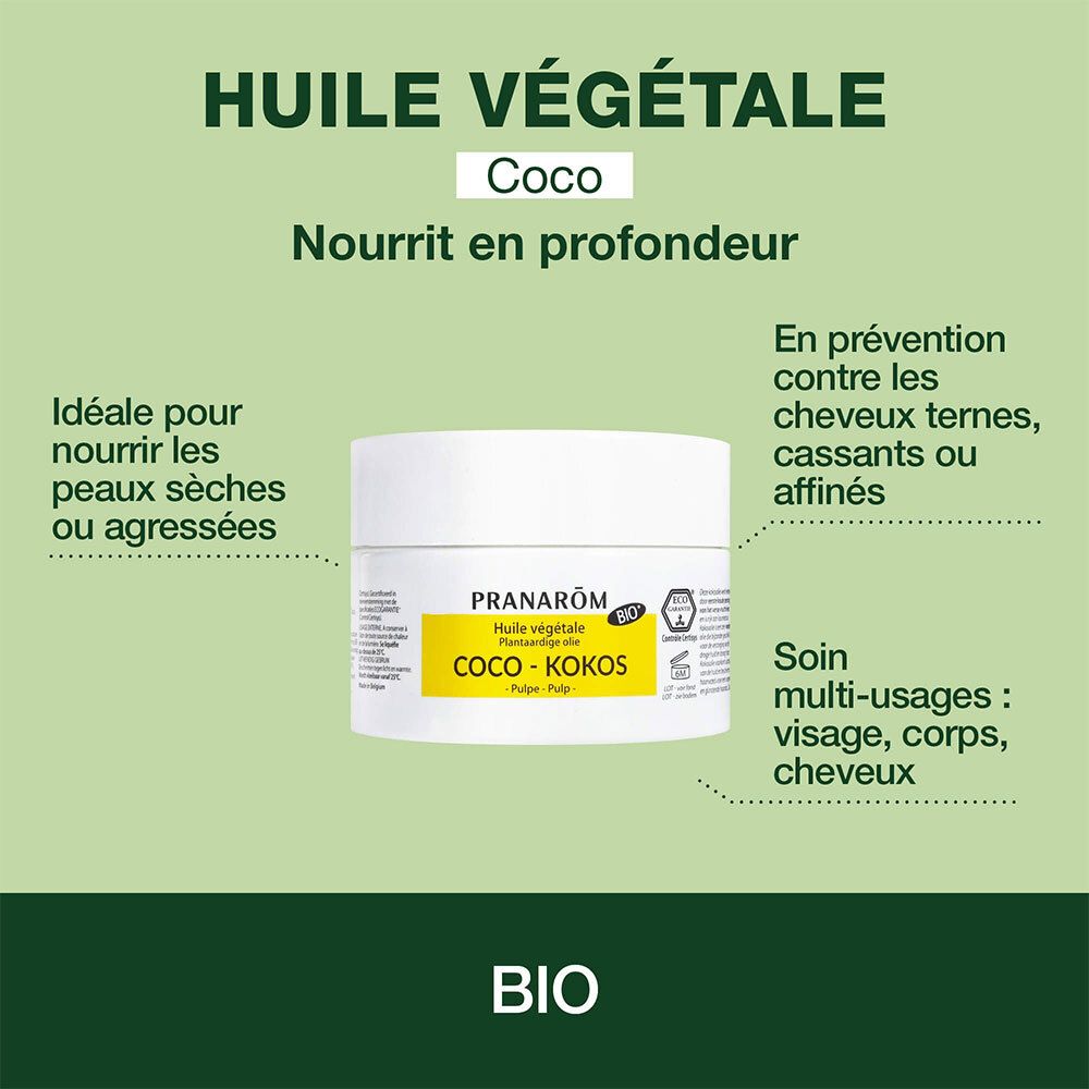 Image produit avec texte. Huile de coco, nourrit en profondeur. Idéale pour peaux sèches ou agressées.
