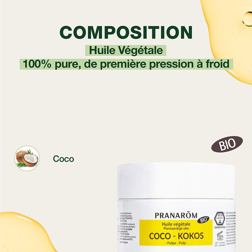 Image produit avec texte. Huile de coco, 100% pure, pressée à froid. Certification bio.