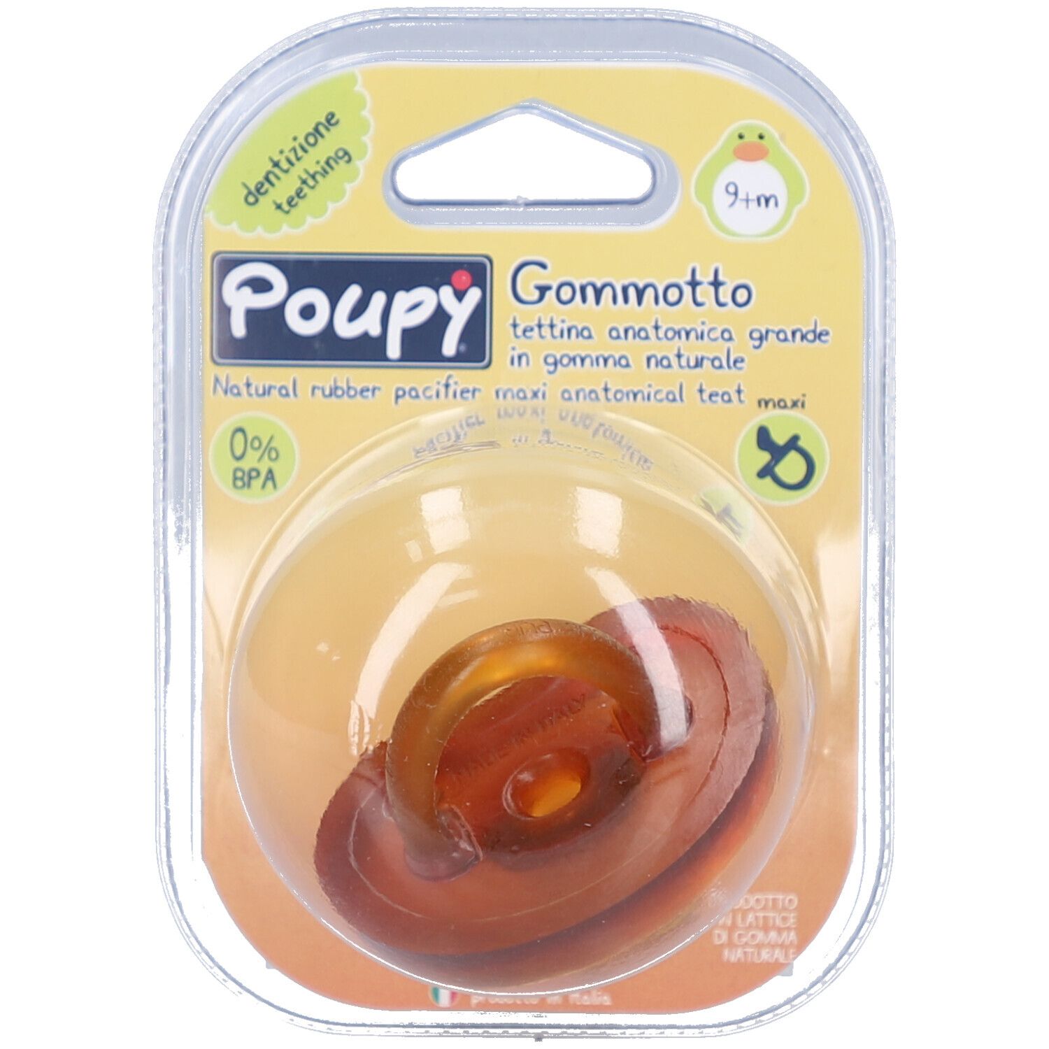 Baby-Schnuller in Blisterverpackung. Anatomischer Sauger aus Naturkautschuk. Sichtbar: Marke Poupy, 9m+, BPA-frei.
