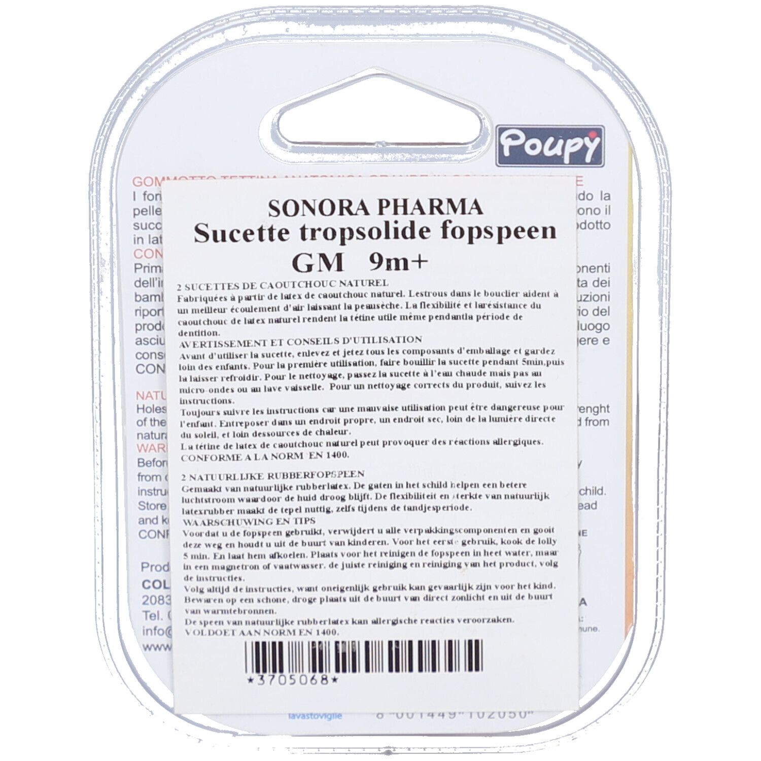 Rückseite der Blisterverpackung mit Produktinformationen. Marke Poupy. Text in mehreren Sprachen.