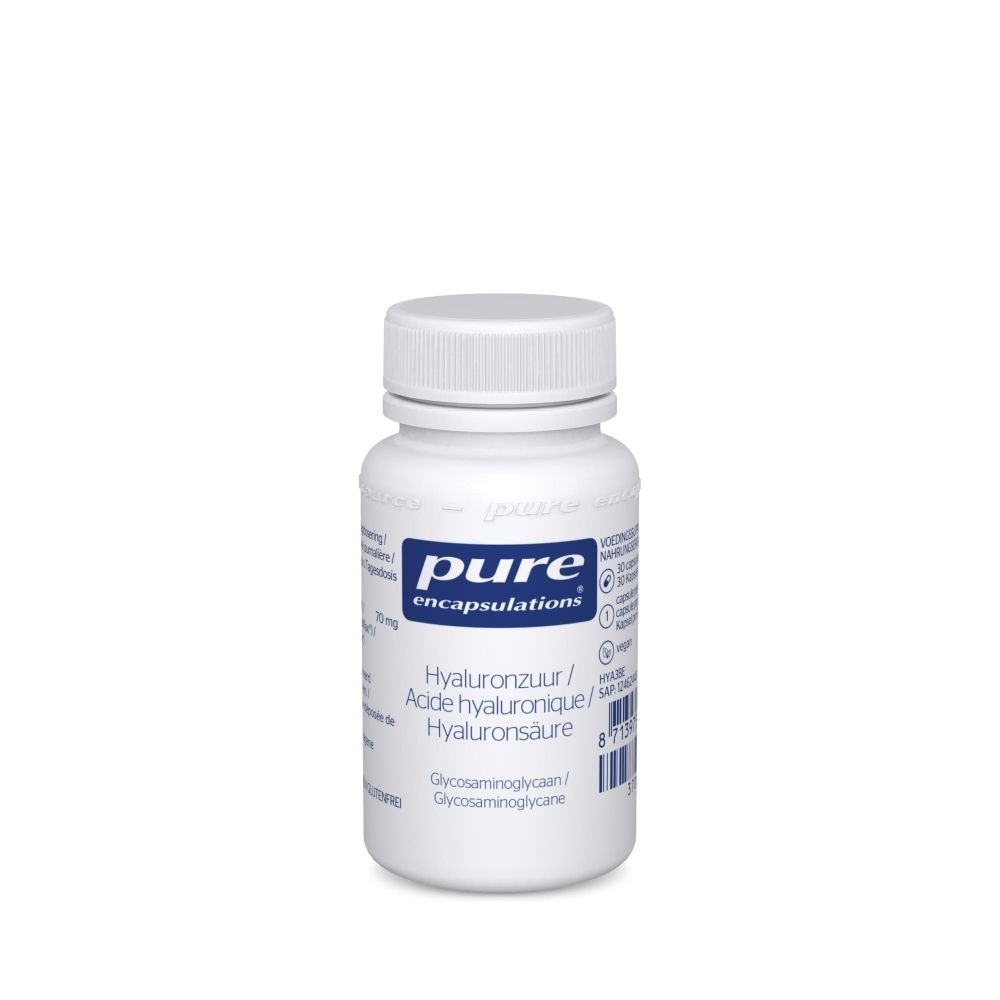 Flacon blanc avec bouchon. Inscription: pure encapsulations, Acide hyaluronique, Glycosaminoglycane. Étiquettes bleues et blanches.