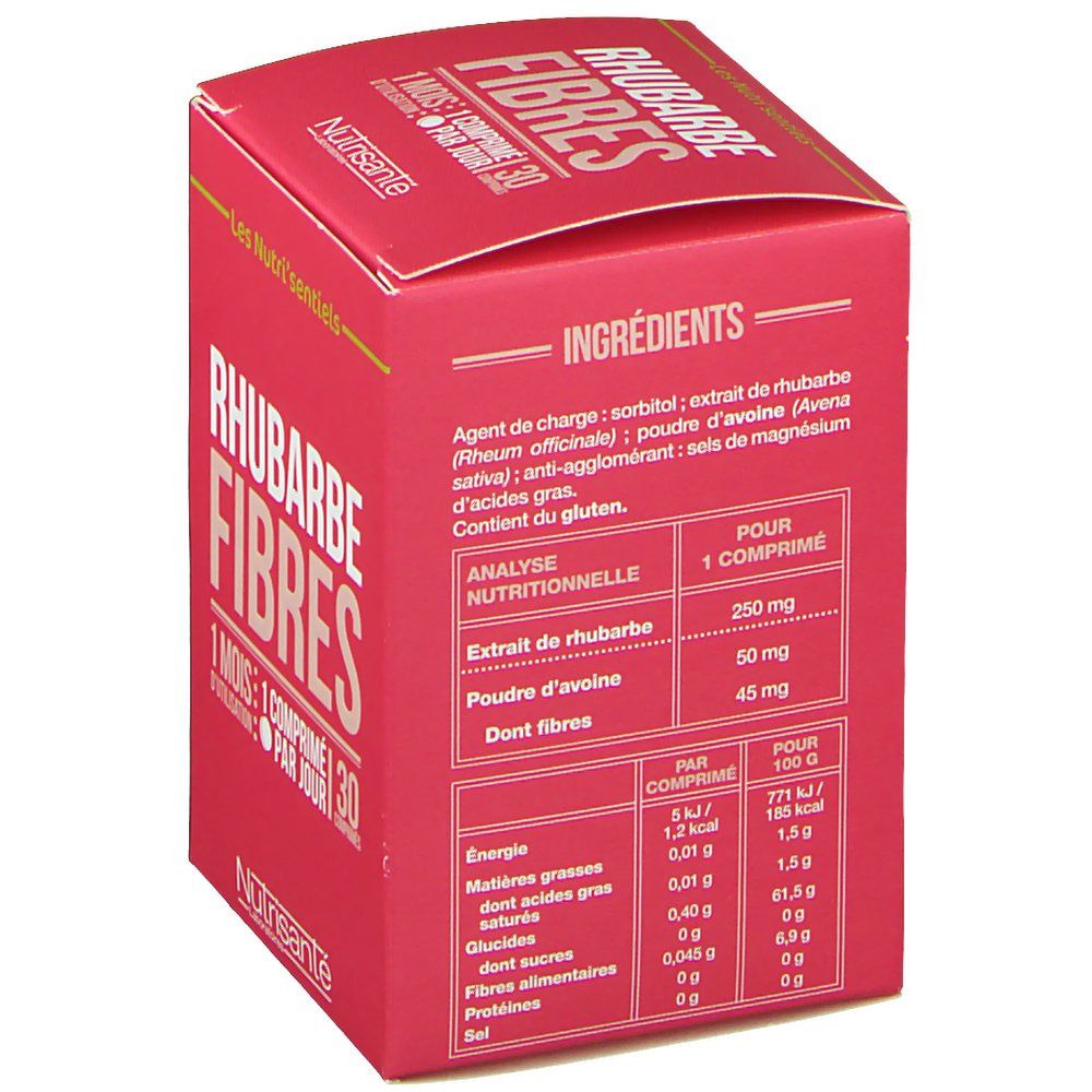 Dos de la boîte rouge. Texte: Ingrédients, analyse nutritionnelle. Marque: Nutrisanté. Nom du produit: Rhubarbe Fibres.